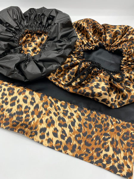 Golden Leopard Showercap Bonnet Pillowcase Set