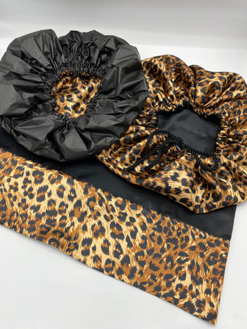 Golden Leopard Showercap Bonnet Pillowcase Set