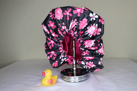 Pink & Black Flower Shower Cap