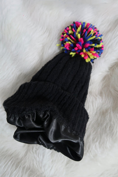 Black Knit Hat Colorful PomPom