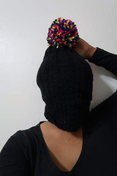 Black Knit Hat Colorful PomPom