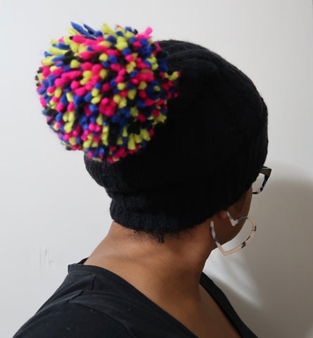 Black Knit Hat Colorful PomPom