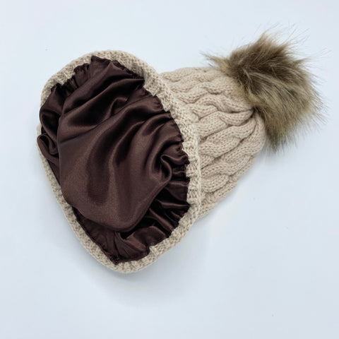 Beige Satin Lined Knit Hat